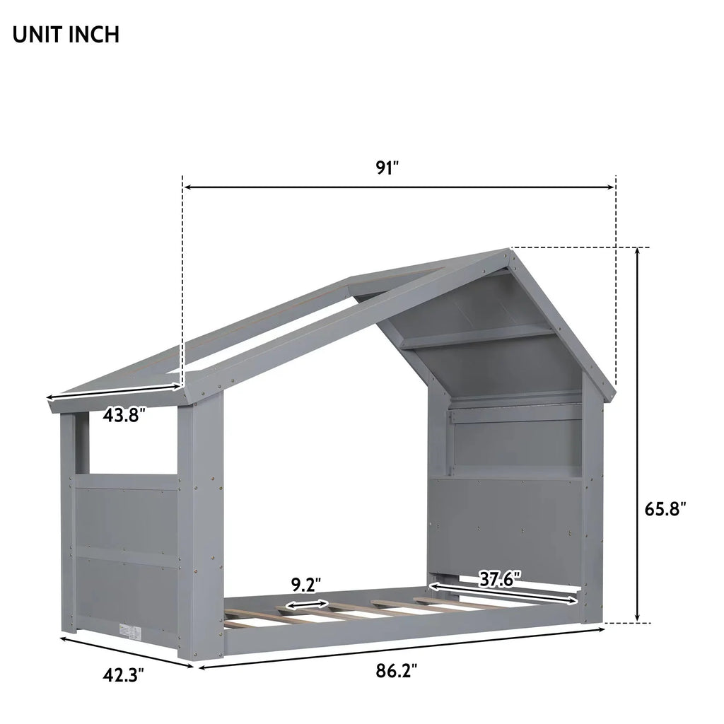 Twin House Floor Bed with Roof Window; LED Light;Gray