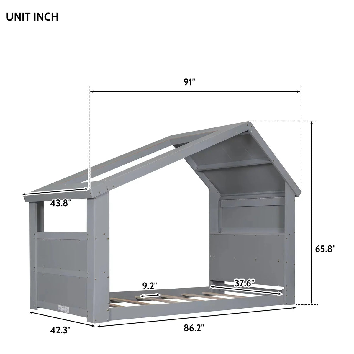 Twin House Floor Bed with Roof Window; LED Light;Gray