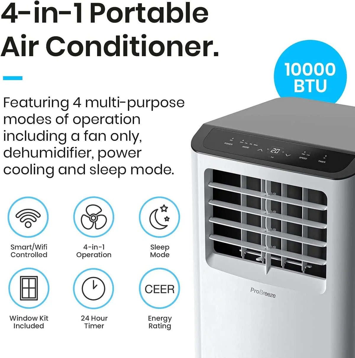 QCAI 4 in 1 Portable Air Conditioner for Room 10000 BTU 450SqFt Air Conditioning Unit; Smart Air Conditioner with Fan; Dehumidifier; Night; Timer; Window Venting Kit; Wifi Portable AC Unit