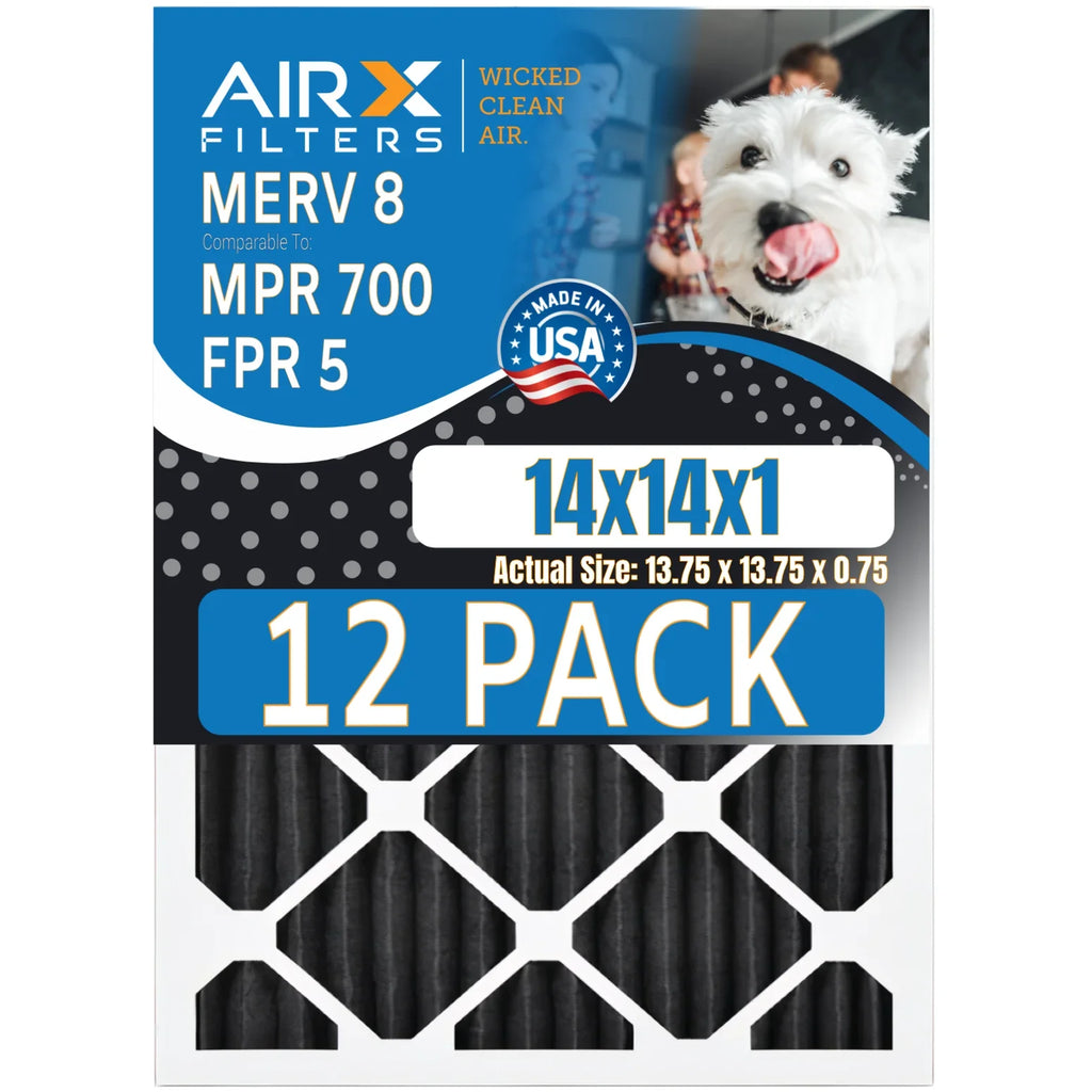 14x14x1 Air Filter MERV 8 Rating; 12 Pack of Furnace Filters Comparable to MPR 700; FPR 5; Pet Odor Retention Filters - Made in USA by AIRX FILTERS WICKED CLEAN AIR.