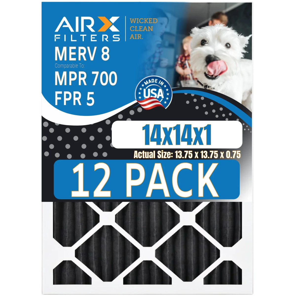 14x14x1 Air Filter MERV 8 Rating; 12 Pack of Furnace Filters Comparable to MPR 700; FPR 5; Pet Odor Retention Filters - Made in USA by AIRX FILTERS WICKED CLEAN AIR.