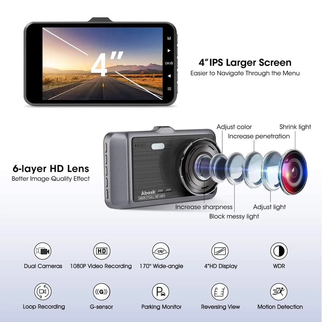 ABASK Q40S Dashcam Front and Rear 1080P FHD - 170° Wide Angle - 4 inch Screen - Reverse Parking Assistance; G-Sensor; Loop Recording; Parking Monitor; Motion Detection; WDR - With 32GB Card