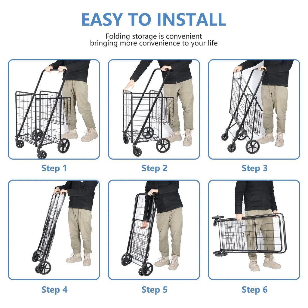 ZENY Folding Utility Shopping Cart with Double Basket and Wheels for Grocery Laundry Book Luggage Travel; Black