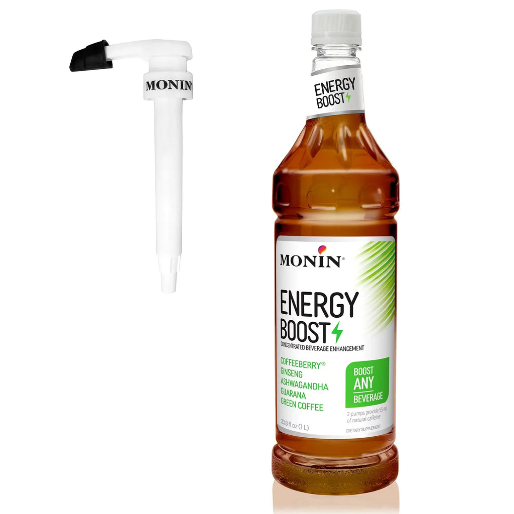 Monin - Energy Boost; Liquid Energy Supplement; Subtle Tea Flavor; Zero Added Sugar; Great For Coffee; Soda; & More; Low-Calorie; Contains Natural Caffeine; Gluten-Free; Clean Label (1 Liter + Pump)