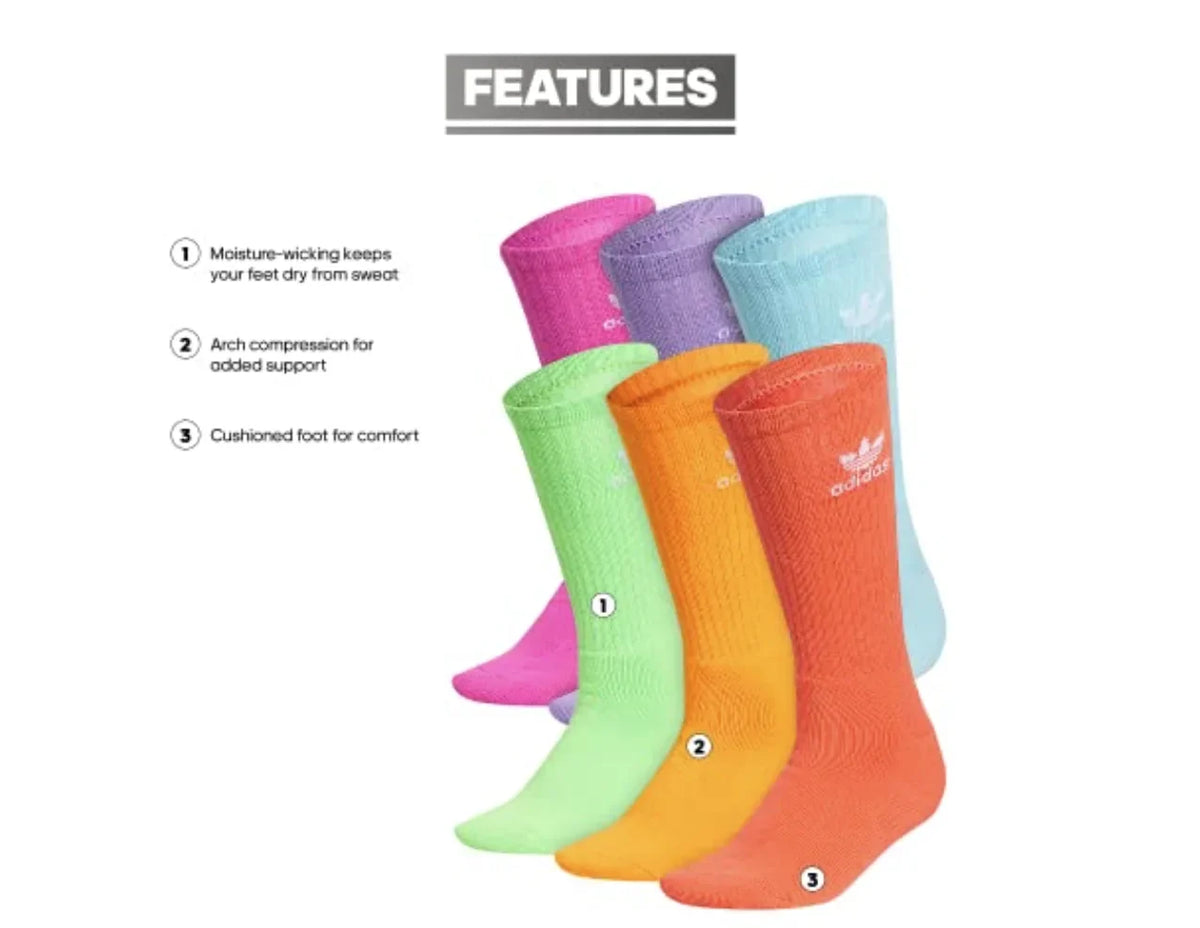 Adidas Originals Youth Trefoil Crew Socks; Multi-colored; 6 Pack; Large