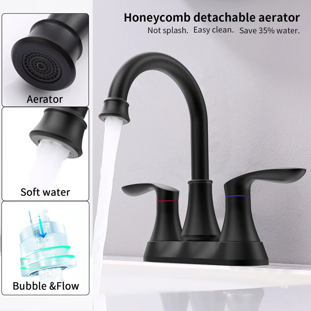 Kichae 6 millimeter Vanity Sink Faucet，2-Handle 360 Degree Swivel Bathroom Spout Centerset Faucet with Pop-up Drain & Supply Hoses，Matte Black