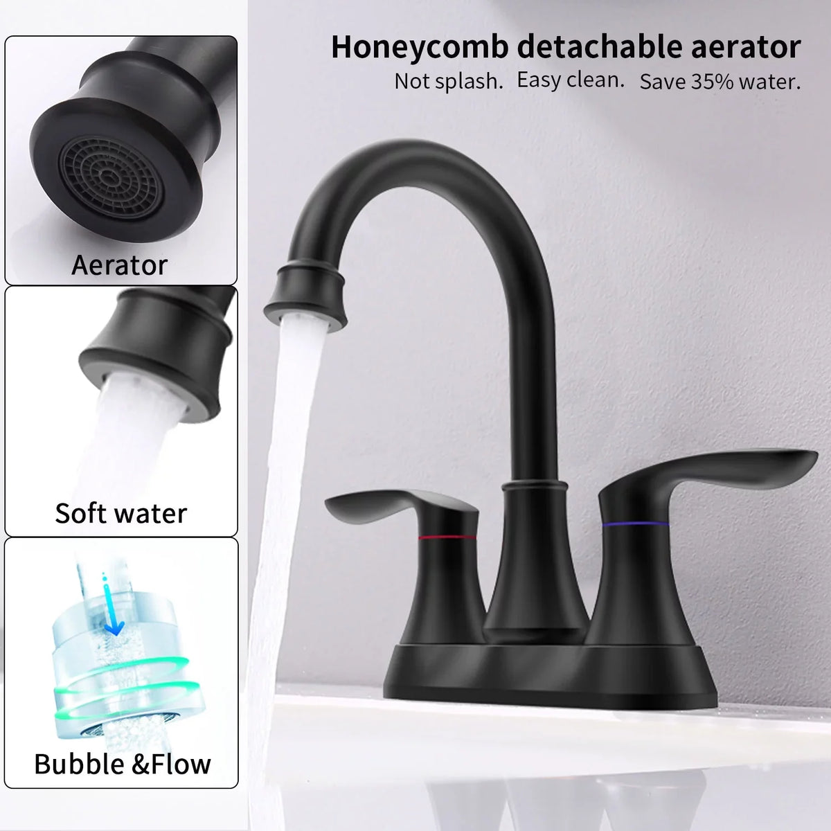 Kichae 6 millimeter Vanity Sink Faucet，2-Handle 360 Degree Swivel Bathroom Spout Centerset Faucet with Pop-up Drain & Supply Hoses，Matte Black