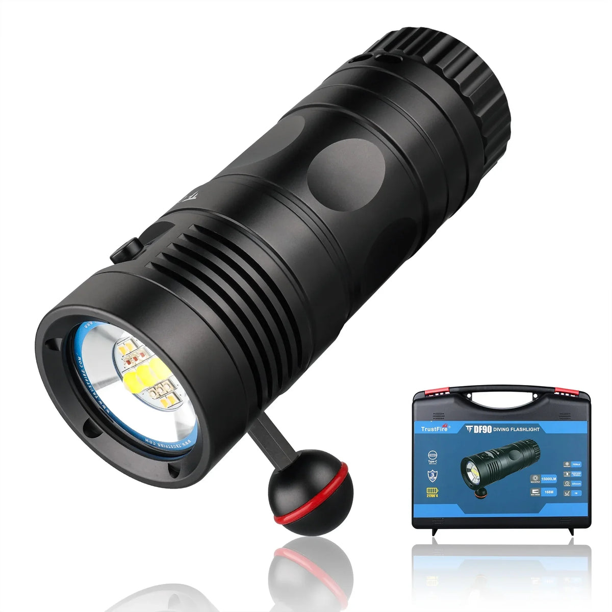 TrustFire DF90 Scuba Diving Light; 15000 Lumens Video Camera Photography Dive LED Flashlight; 70M Underwater Scuba Diving Flashlight; Super Bright; with Violet Red White Lights
