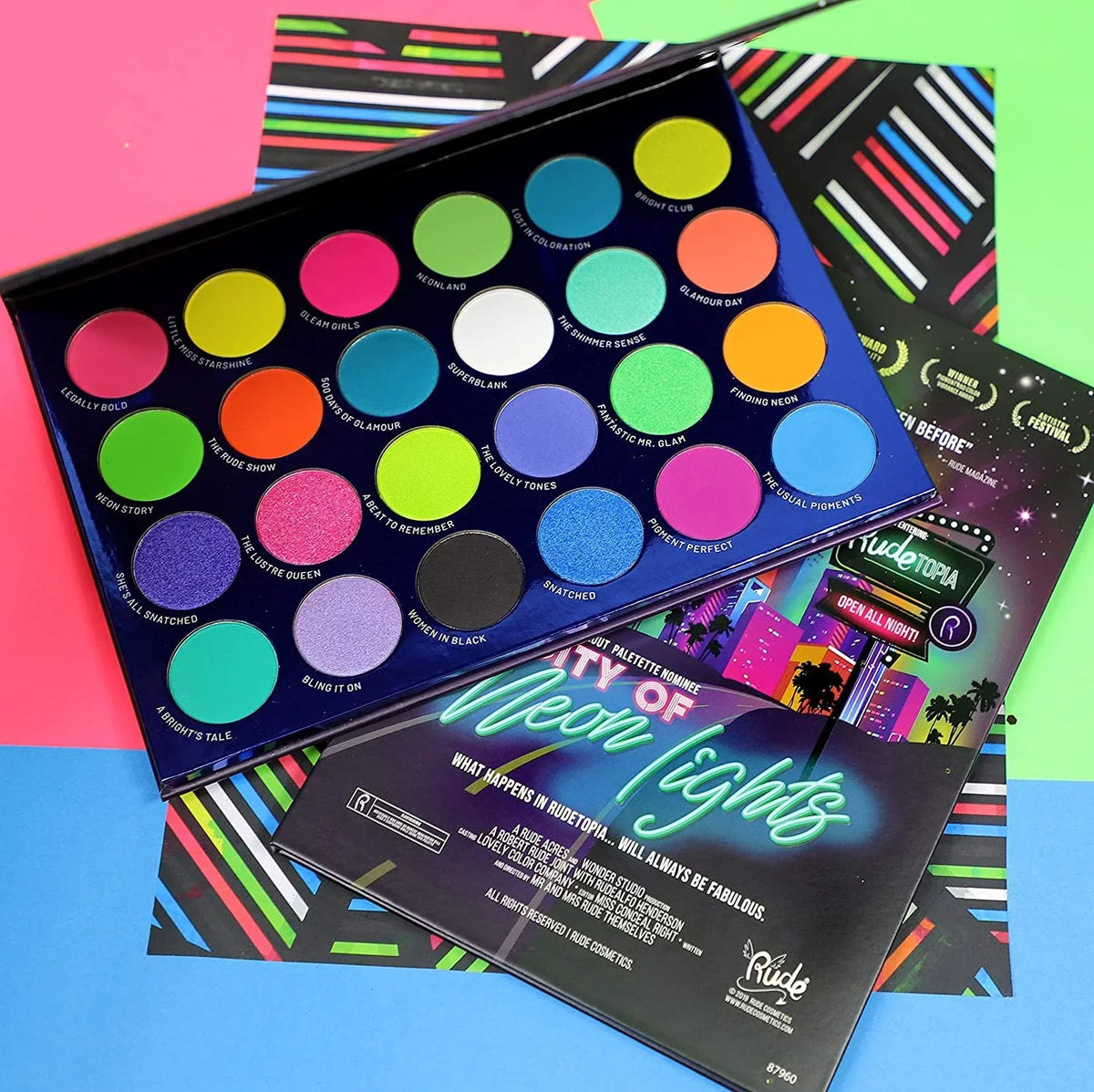 Rude Cosmetics City of Neon Lights - 24 Vibrant Pigment and Eyeshadow Palette ; 0.63 oz Eye Shadow