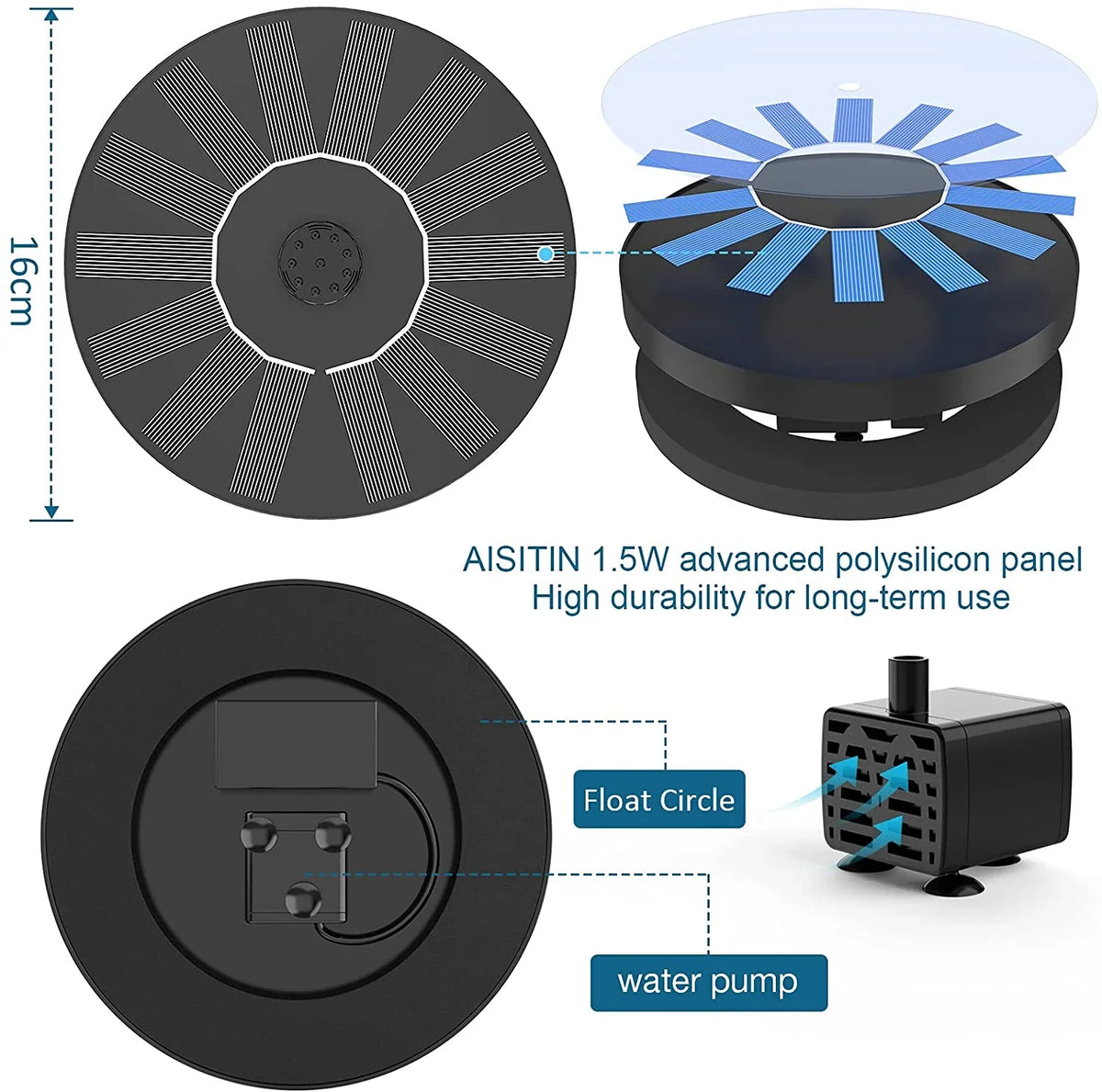 AISITIN 1.5W Solar Fountain Pump; newly upgraded with 6 nozzles solar bird bath fountain; suitable for ponds; gardens; bird baths; fish tanks; outdoor independent solar pump floating fountains