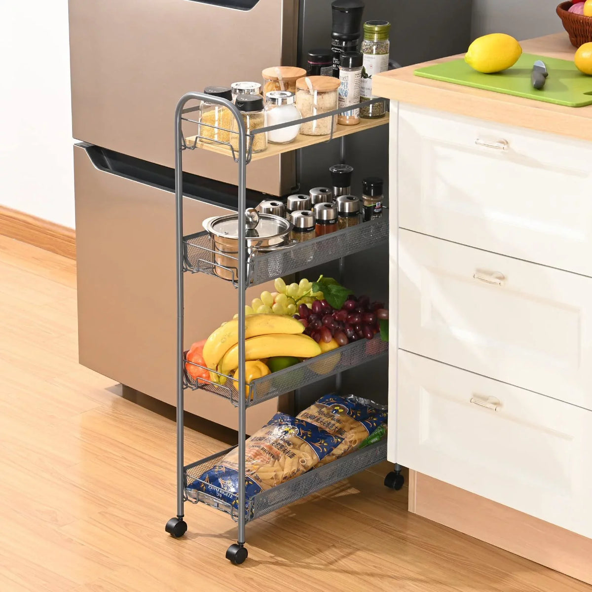 KK KINGRACK 4-Tier Rolling Cart; Mesh Storage Utility Carts with Wooden Tabletop for Kitchen Bathroom; Gray