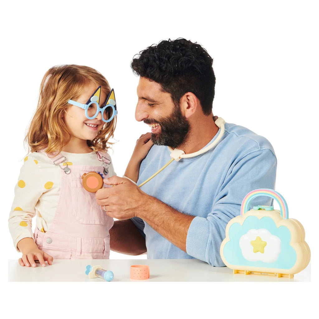 Bluey Cloud Bag Doctor's Set; Doctor Check Up Set; Toy Doctor's Playset with 7 Play Pieces; Stethoscope; Syringe; toy Bandage; Stickers; and more ; Preschool; Toys for Kids; Ages 3+