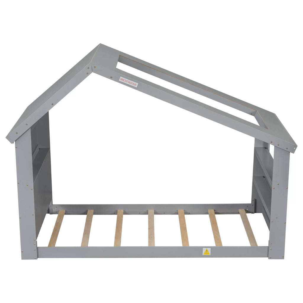 Twin House Floor Bed with Roof Window; LED Light;Gray