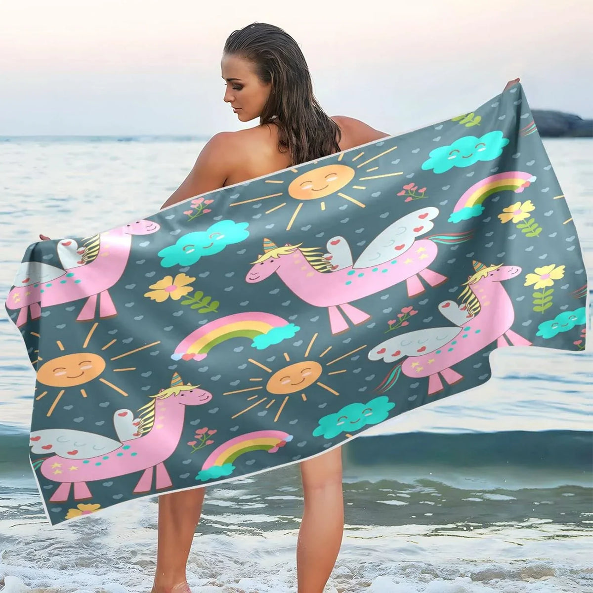 Bestwell Pink Unicorns Beach Towel Oversized Towel Blanket; Thin Lightweight Microfiber Sand Free Quick Dry Towel; 31”X71” Multipurpose Pool Bath Yoga Swim Shower Towel