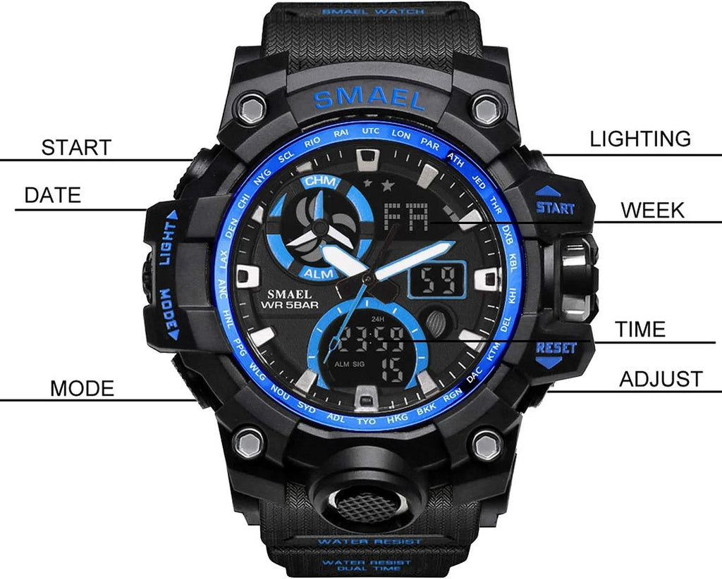 Military Men's Sports Analog Quartz Watch Dual Display Alarm Digital Watches with LED Backlight