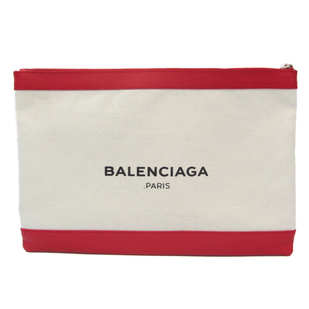 Pre-Owned Balenciaga 373840 Women's Leather;Canvas Clutch Bag;Pouch Beige;Red Color (Good)