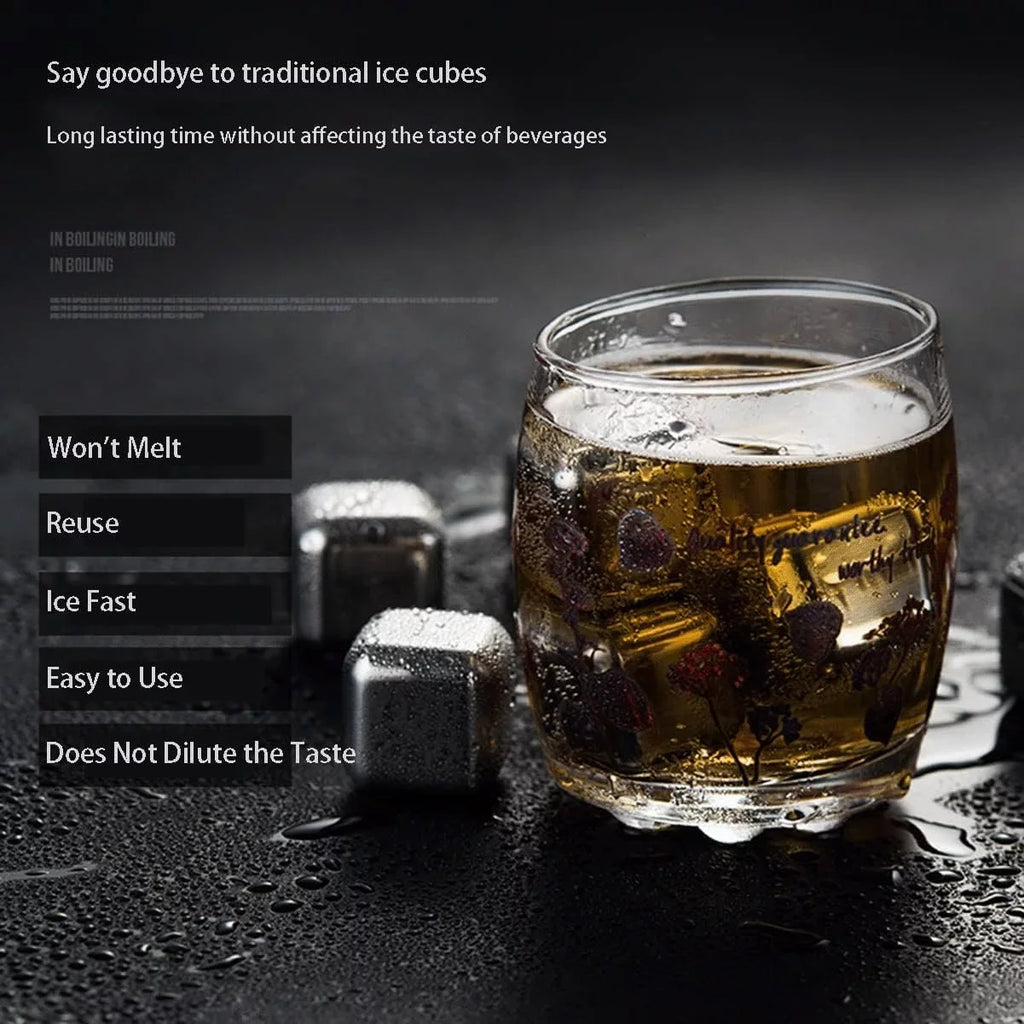 Whiskey Ice Cubes Stainless Steel Ice Cubes for Drinks Chilling Set of 4/6/8 with Box; Reusable Metal Whiskey Stones; Wine Chiller Rocks No Dilution Liquidless Ice for Scotch; Vodka; Rum (Size : 8pcs