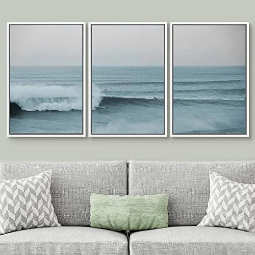 PixonSign Framed Wall Art Set Wide Angle Rushing Ocean Waves and Surfers Nature Wilderness Photography Modern Chic Scenic Modern Art for Living Room; Bedroom; Office - 24"x36"x3 White