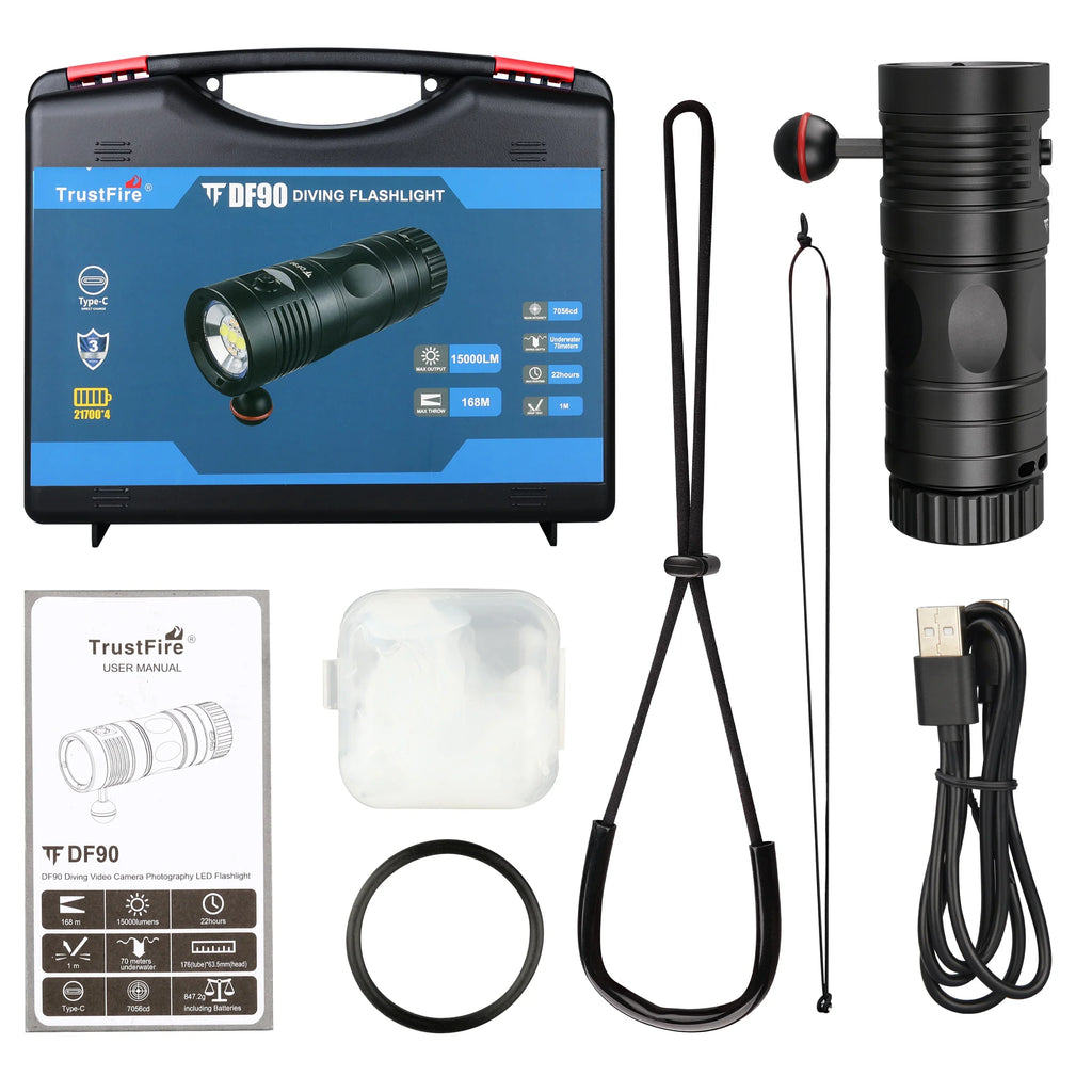 TrustFire DF90 Scuba Diving Light; 15000 Lumens Video Camera Photography Dive LED Flashlight; 70M Underwater Scuba Diving Flashlight; Super Bright; with Violet Red White Lights