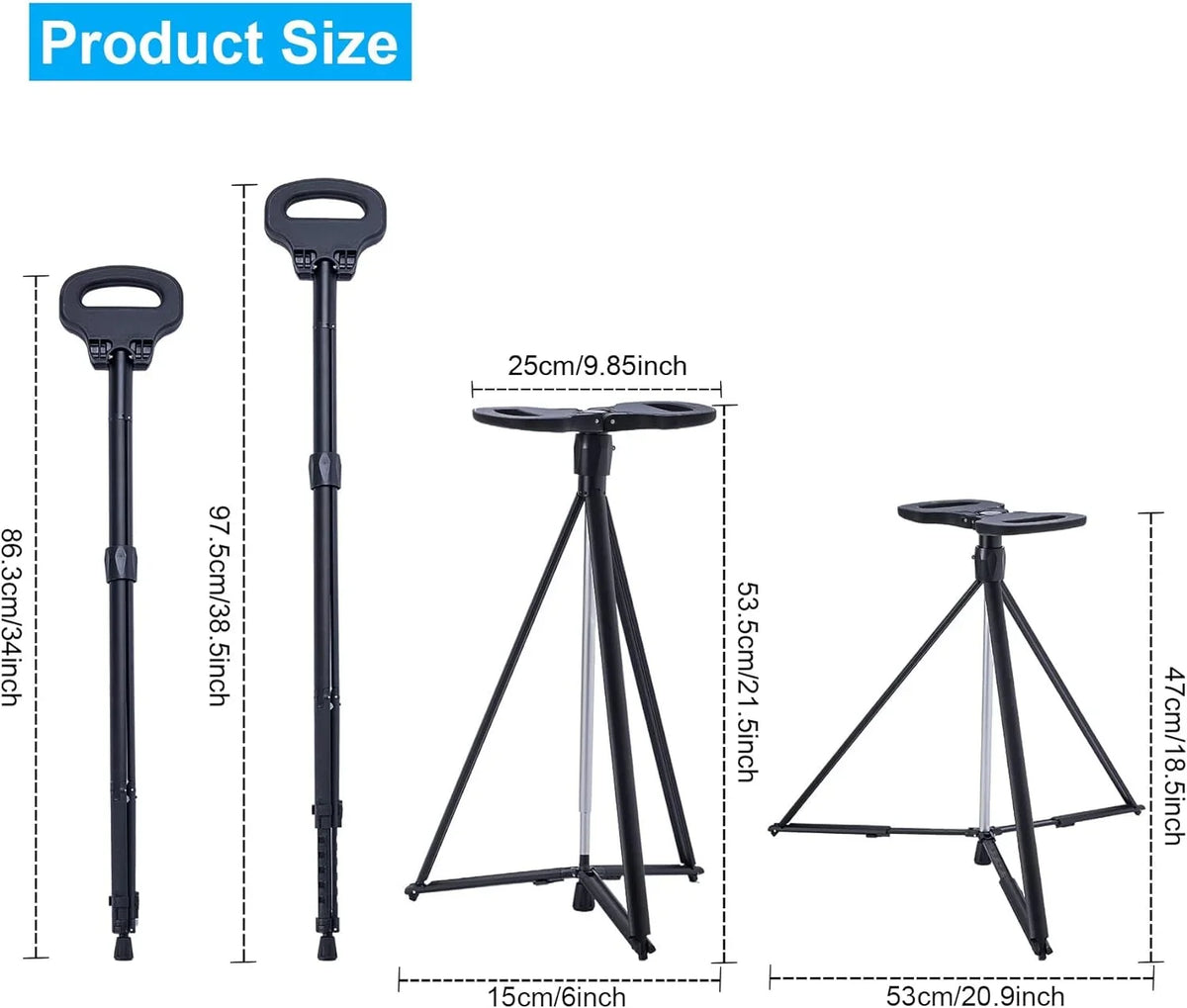 Portable Cane Seat Folding Walking Cane for Men & Women Sturdy Tripod Cane Stool Lightweight Balancing Mobility Aid Crutch Chair with Travel Bag and 2 Base Canes for Elderly; Seniors & Handicap