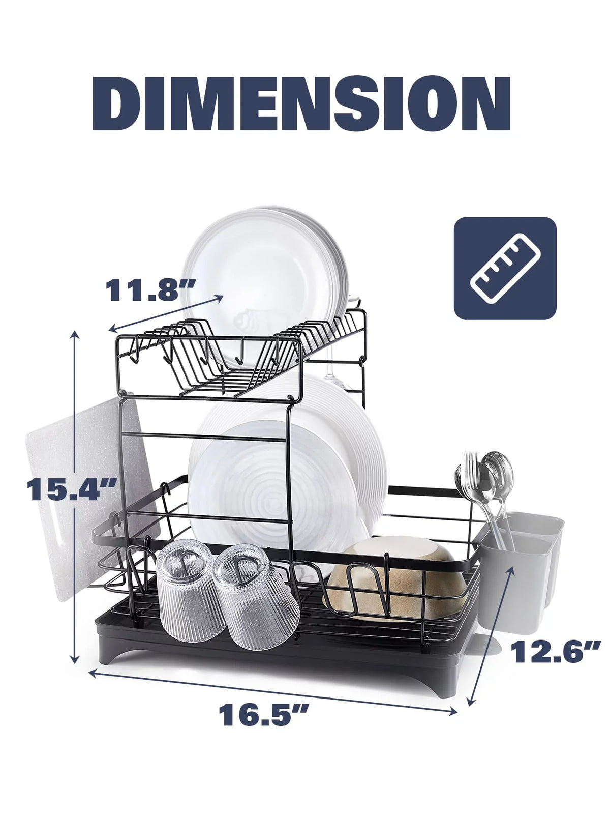 2 Tier Dish Drying Rack for Kitchen Counter; Extra Large Black