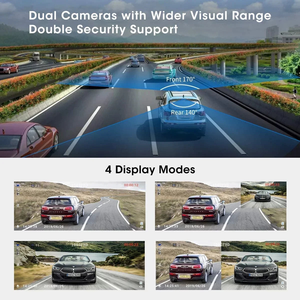 ABASK Q40S Dashcam Front and Rear 1080P FHD - 170° Wide Angle - 4 inch Screen - Reverse Parking Assistance; G-Sensor; Loop Recording; Parking Monitor; Motion Detection; WDR - With 32GB Card
