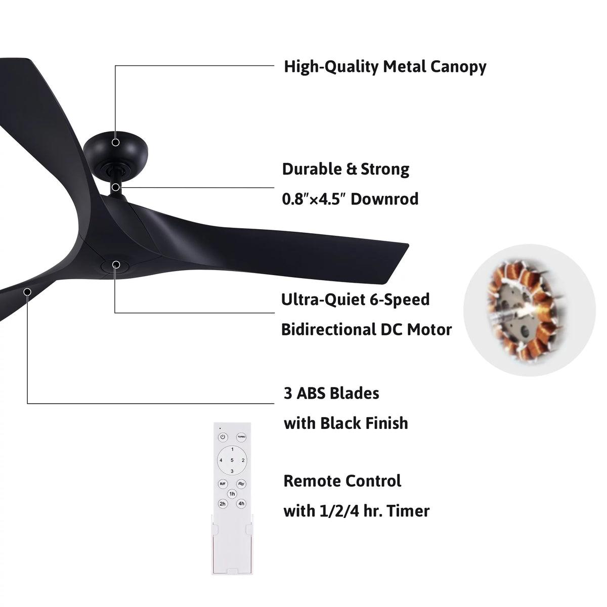 52" Smart Ceiling Fan with Remote Control; 3 Blades; 6 Speeds; Timer; Black