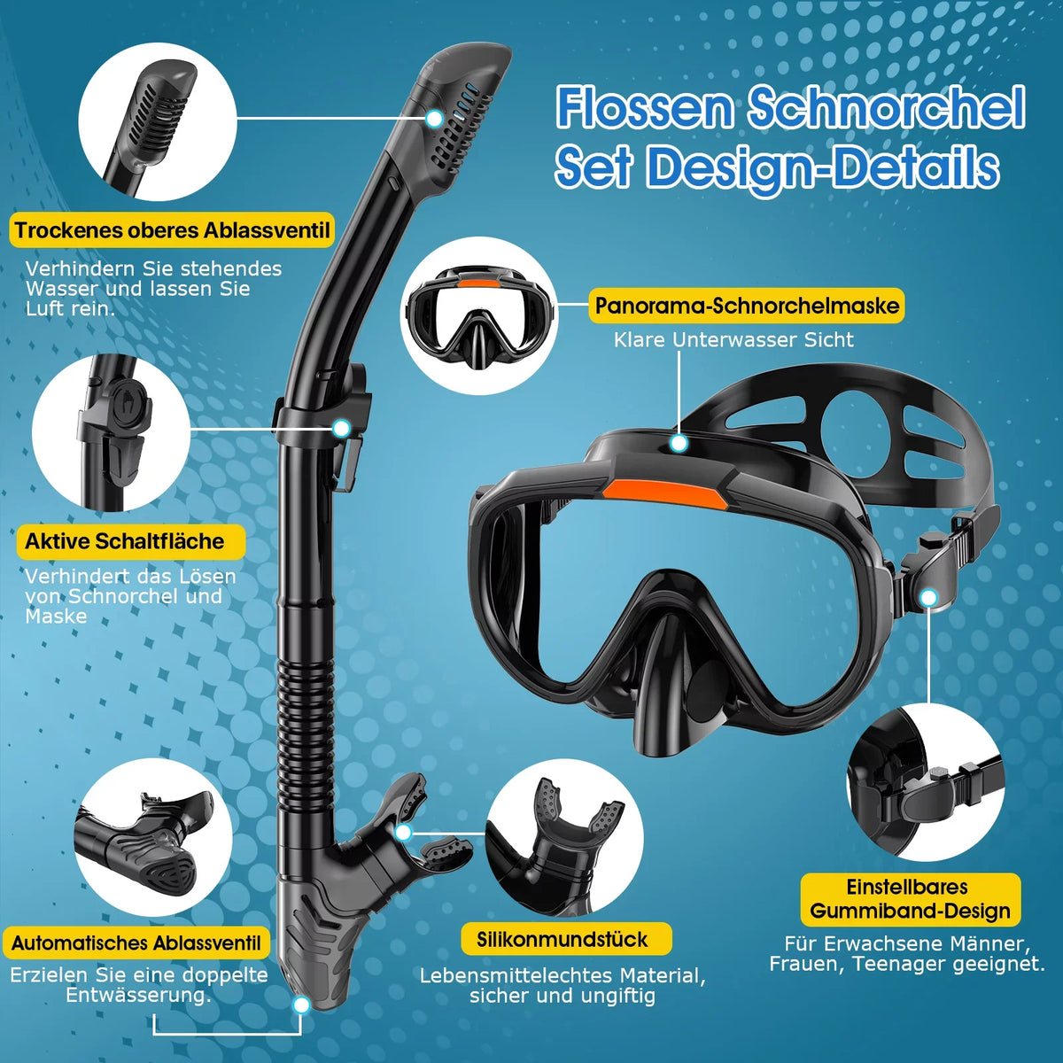 Snorkeling Gear for Adults Men Women;4 in 1 Snorkel Set with Panoramic View Diving Mask Anti-Fog Anti-Leak;Dry Top Snorkel;Fins and Travel Bag for Swimming;Snorkeling and Travel Diving