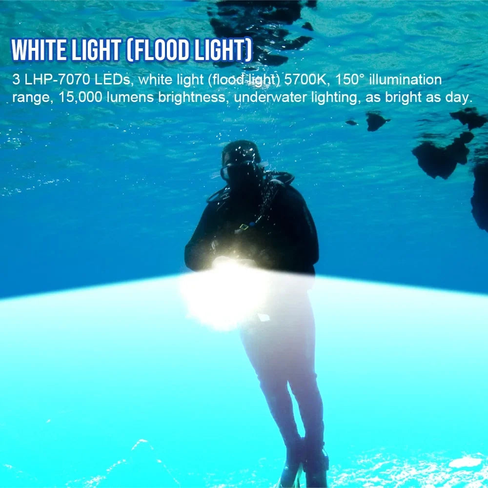 TrustFire DF90 Scuba Diving Light; 15000 Lumens Video Camera Photography Dive LED Flashlight; 70M Underwater Scuba Diving Flashlight; Super Bright; with Violet Red White Lights