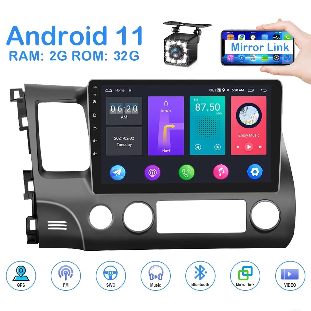 Podofo 2+32G for Honda Civic 2006-2011 Mirror Link 10.1'' Car Stereo Radio Bluetooth HD 1080P 10 inch Android 11 Car MP5 Player WIFI GPS FM USB;with 12 LED Rearview Camera