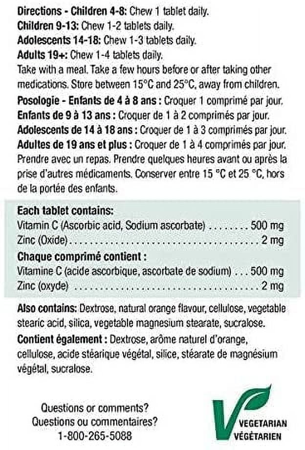 Jamieson Chewable Vitamin C + Zinc 500mg; Natural Tangy Orange; 400 Tablets