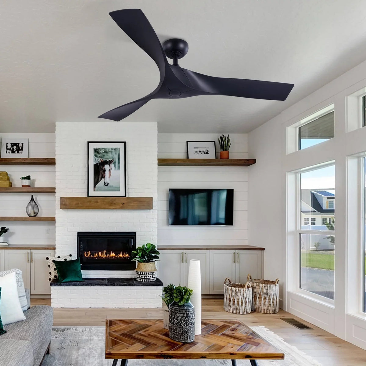 52" Smart Ceiling Fan with Remote Control; 3 Blades; 6 Speeds; Timer; Black