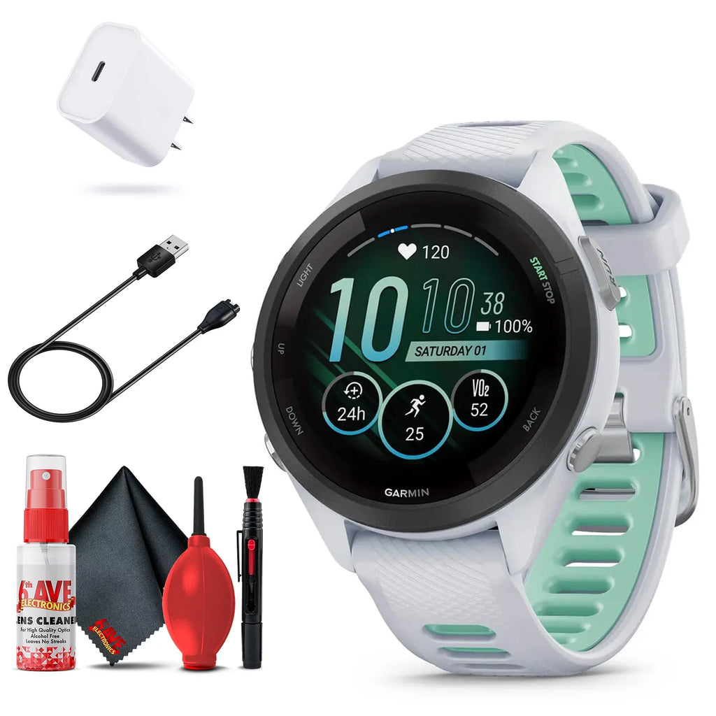 Garmin Forerunner 265S Smartwatch (White) Bundle with USB-C Charging Cable and Adapter; 6Ave Cleaning Kit; and Extended Protection