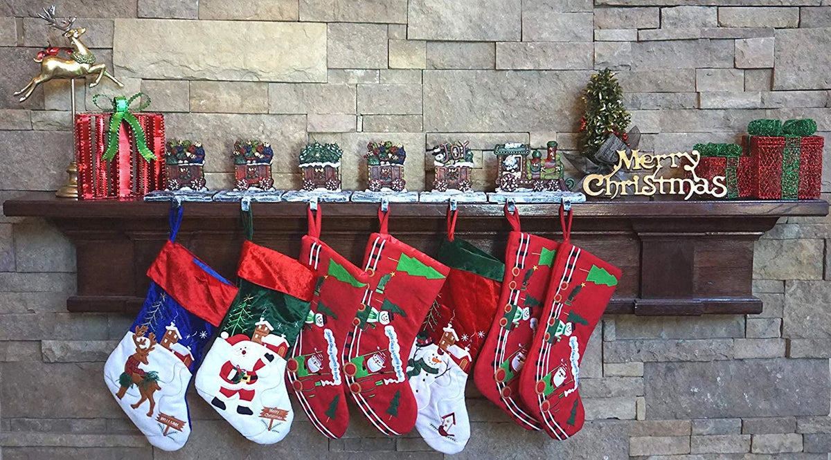 LuLu Decor; 100% Cast Iron Christmas Stocking Holders; 2D Train Engine with 5 Rail carts; 7 Stocking Hooks; Beautiful & Strong Sturdy Heavy Hooks; Each Weighs Approx 3 lb (Combo Train 2D)