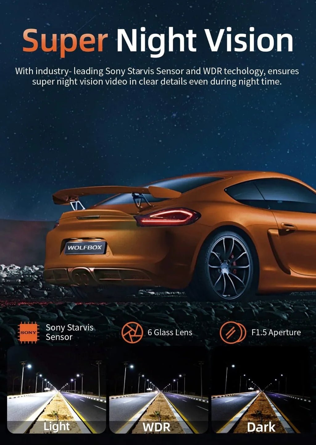 WOLFBOX 2.5K Full HD Dash Cam; Dash Camera with WiFi; Loop Recording; APP Control; Night Vision; G-Sensor; 24 Hours Parking Monitor; Support 64GB Max