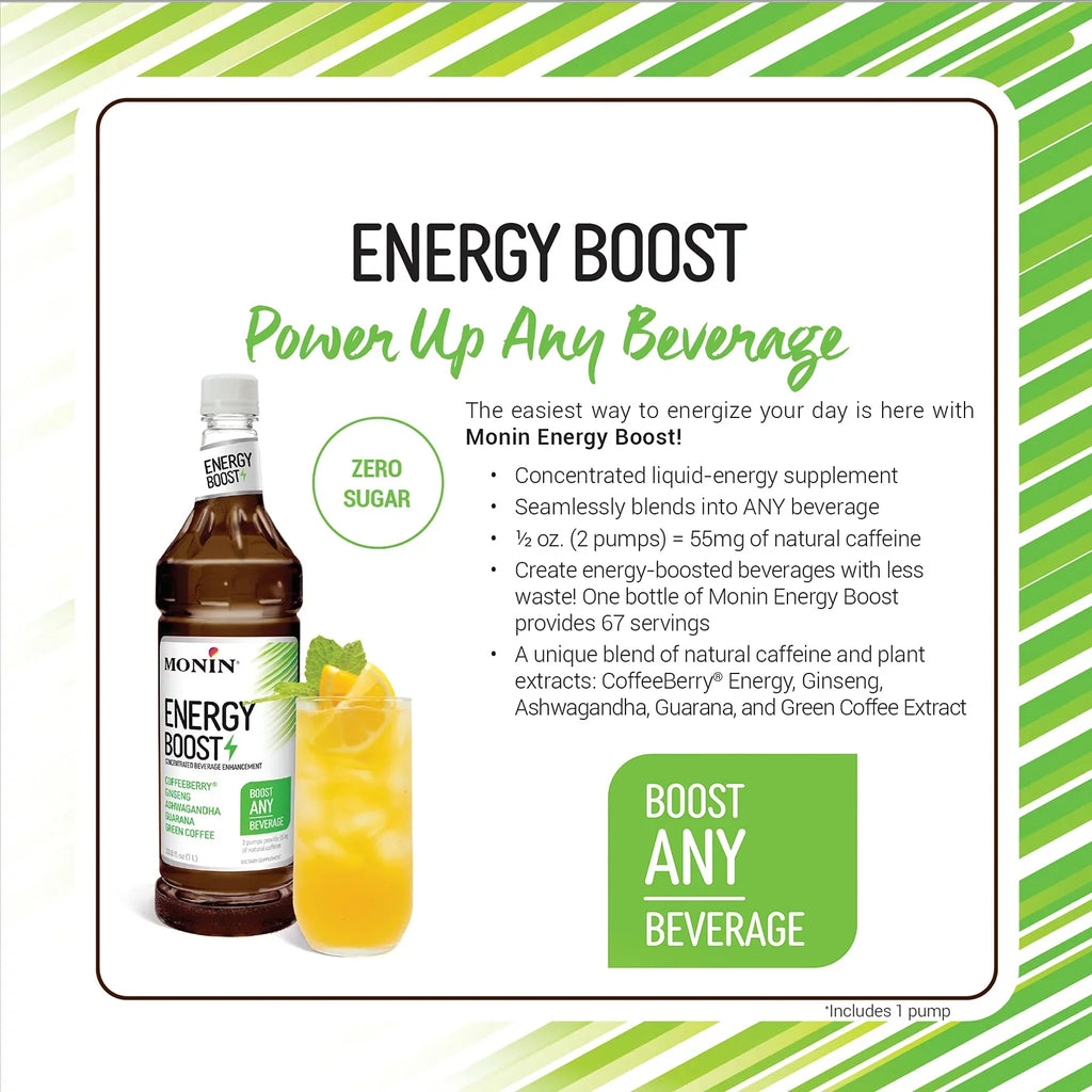Monin - Energy Boost; Liquid Energy Supplement; Subtle Tea Flavor; Zero Added Sugar; Great For Coffee; Soda; & More; Low-Calorie; Contains Natural Caffeine; Gluten-Free; Clean Label (1 Liter + Pump)