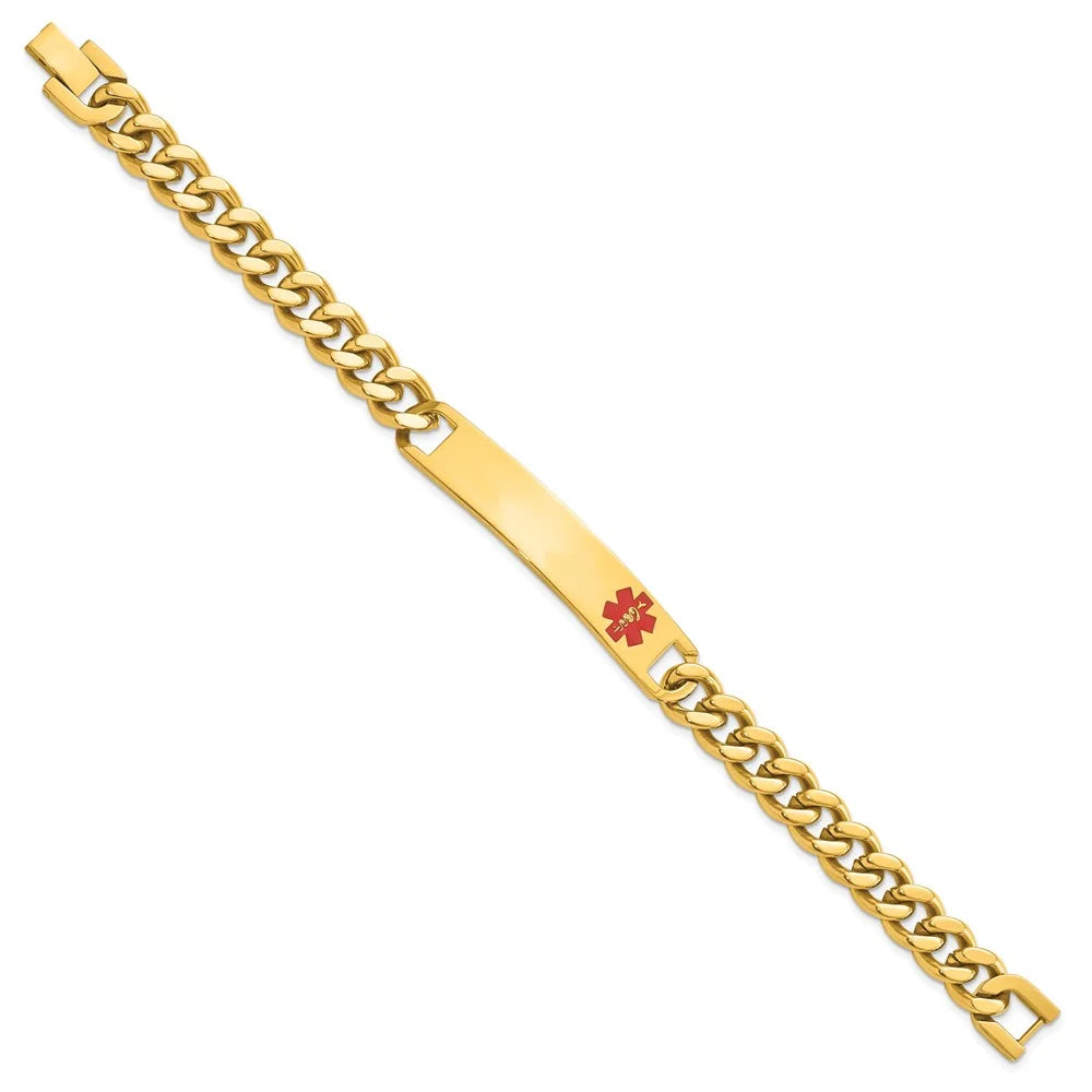 Stainless Steel Bracelet Medical Curb Kelly FluidsT 10 mm 8.25 in Fluids Yellow PVD Plated Red Epoxy ID Engravable