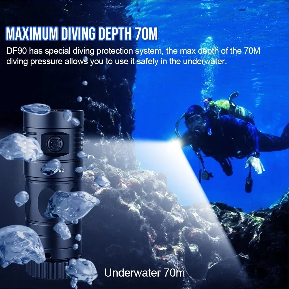 TrustFire DF90 Scuba Diving Light; 15000 Lumens Video Camera Photography Dive LED Flashlight; 70M Underwater Scuba Diving Flashlight; Super Bright; with Violet Red White Lights
