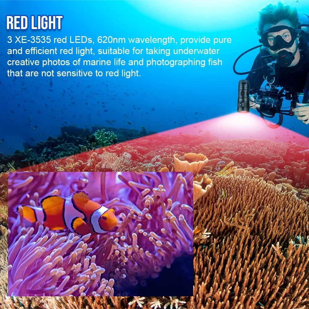 TrustFire DF90 Scuba Diving Light; 15000 Lumens Video Camera Photography Dive LED Flashlight; 70M Underwater Scuba Diving Flashlight; Super Bright; with Violet Red White Lights