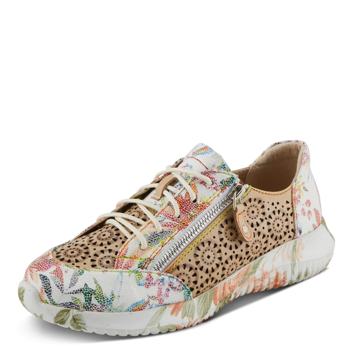 L'Artiste Women's Jazzie Lace-Up Fashion Sneaker with Flowers Beige Multi EU 39/8.5