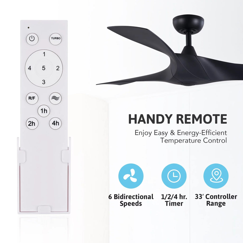 52" Smart Ceiling Fan with Remote Control; 3 Blades; 6 Speeds; Timer; Black