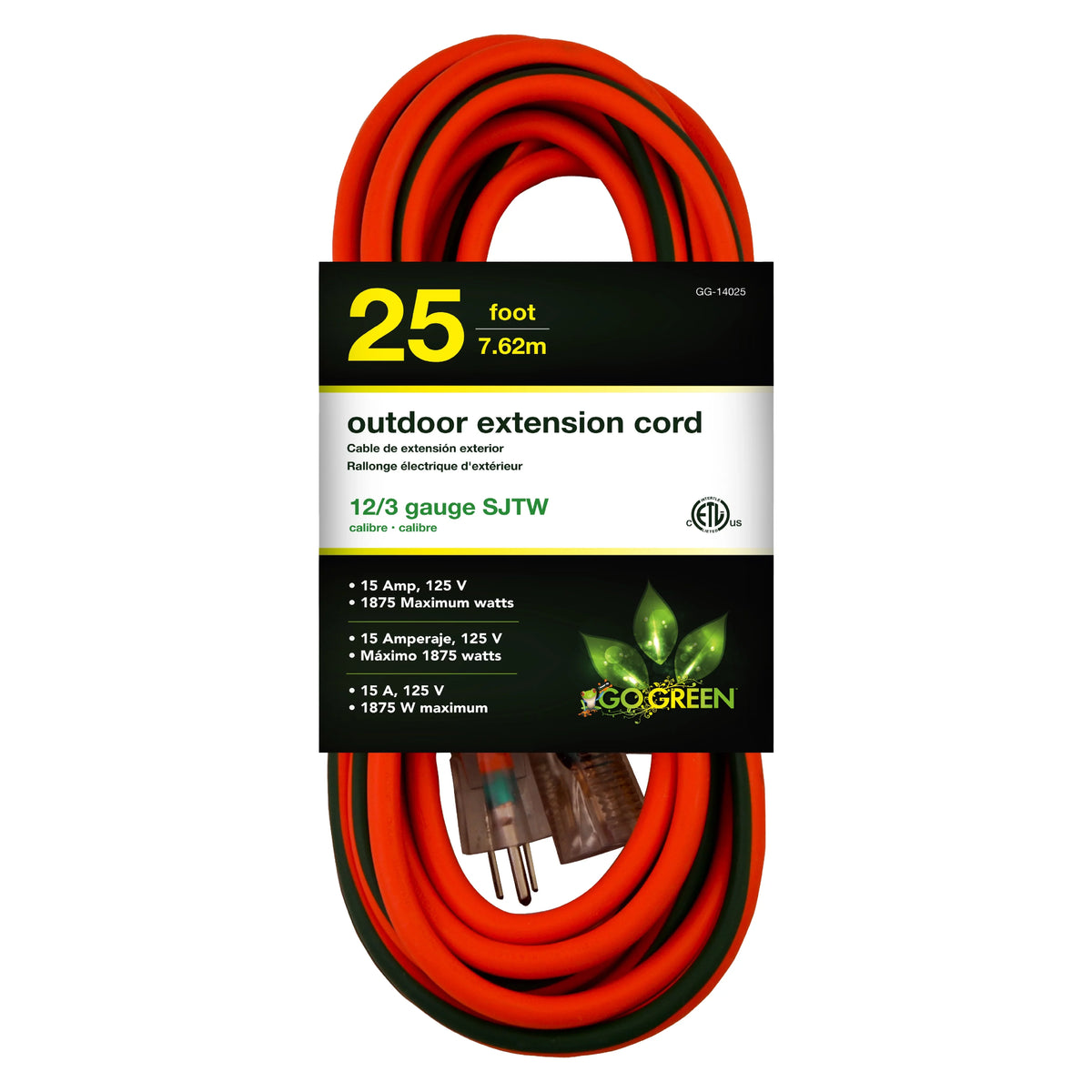 GoGreen Power (GG-14025) 12/3 25’ SJTW Outdoor Extension Cord; Lighted End; 25 Ft