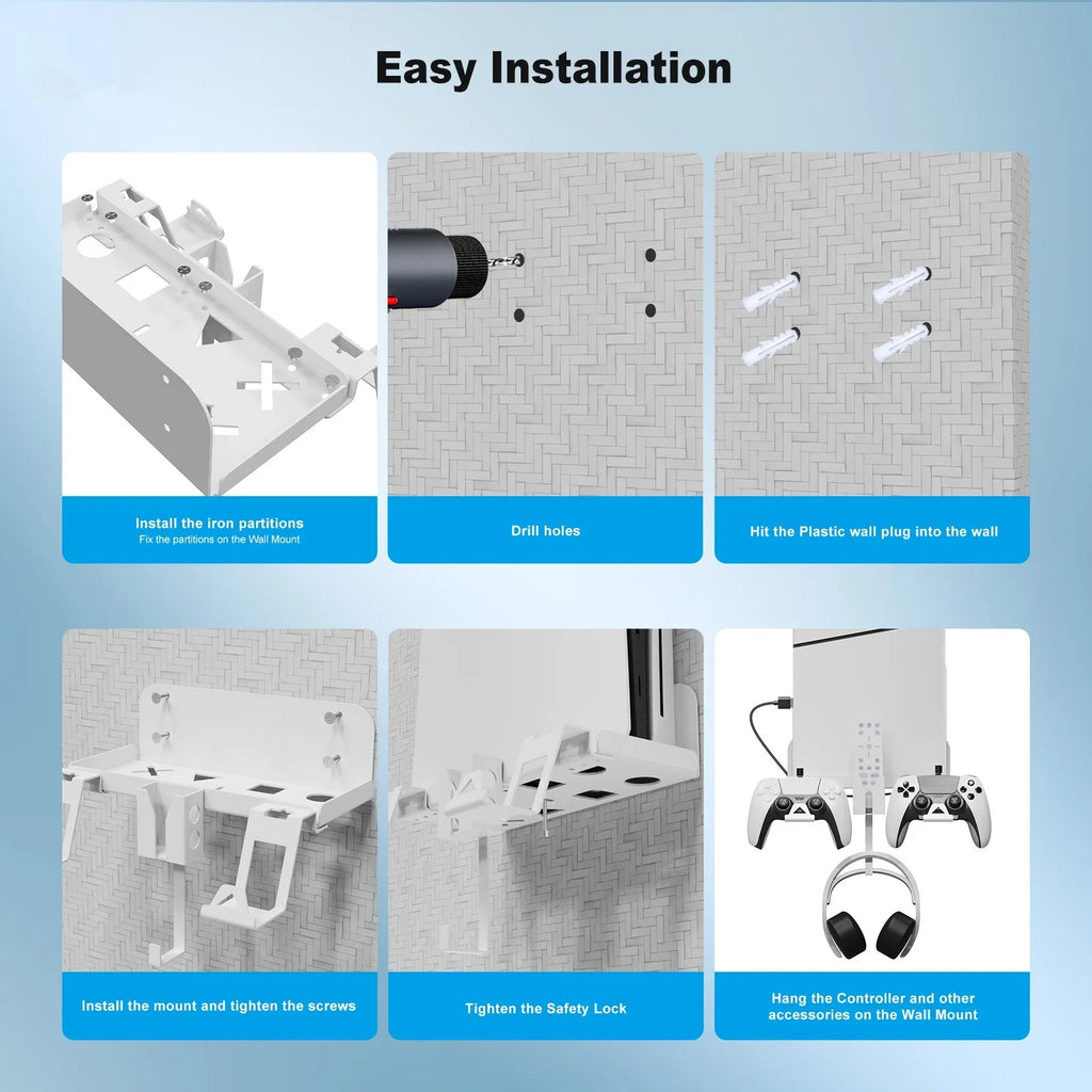 Durable Iron Wall Mount Bracket Set for PS5 Slim Space-Saving; Secure; and Convenient Storage with Dual Charging Cable