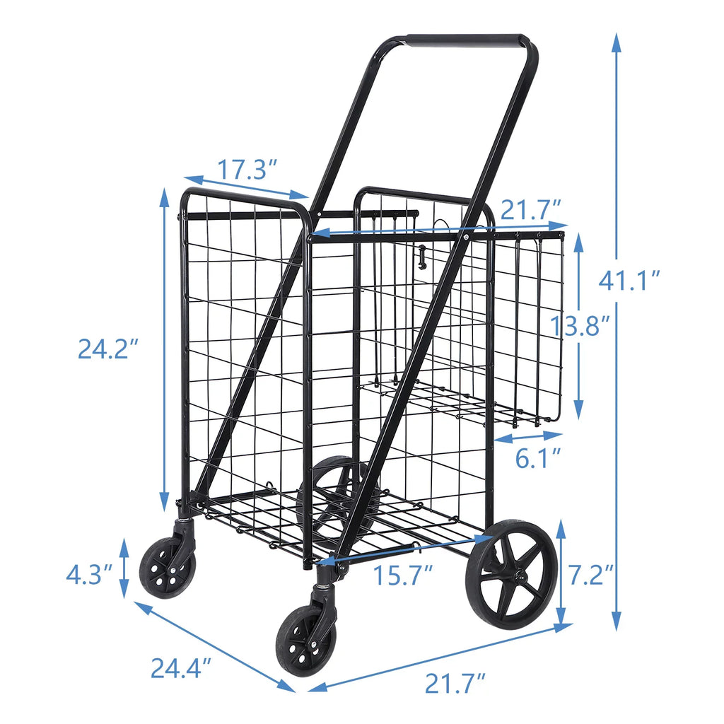 ZENY Folding Utility Shopping Cart with Double Basket and Wheels for Grocery Laundry Book Luggage Travel; Black