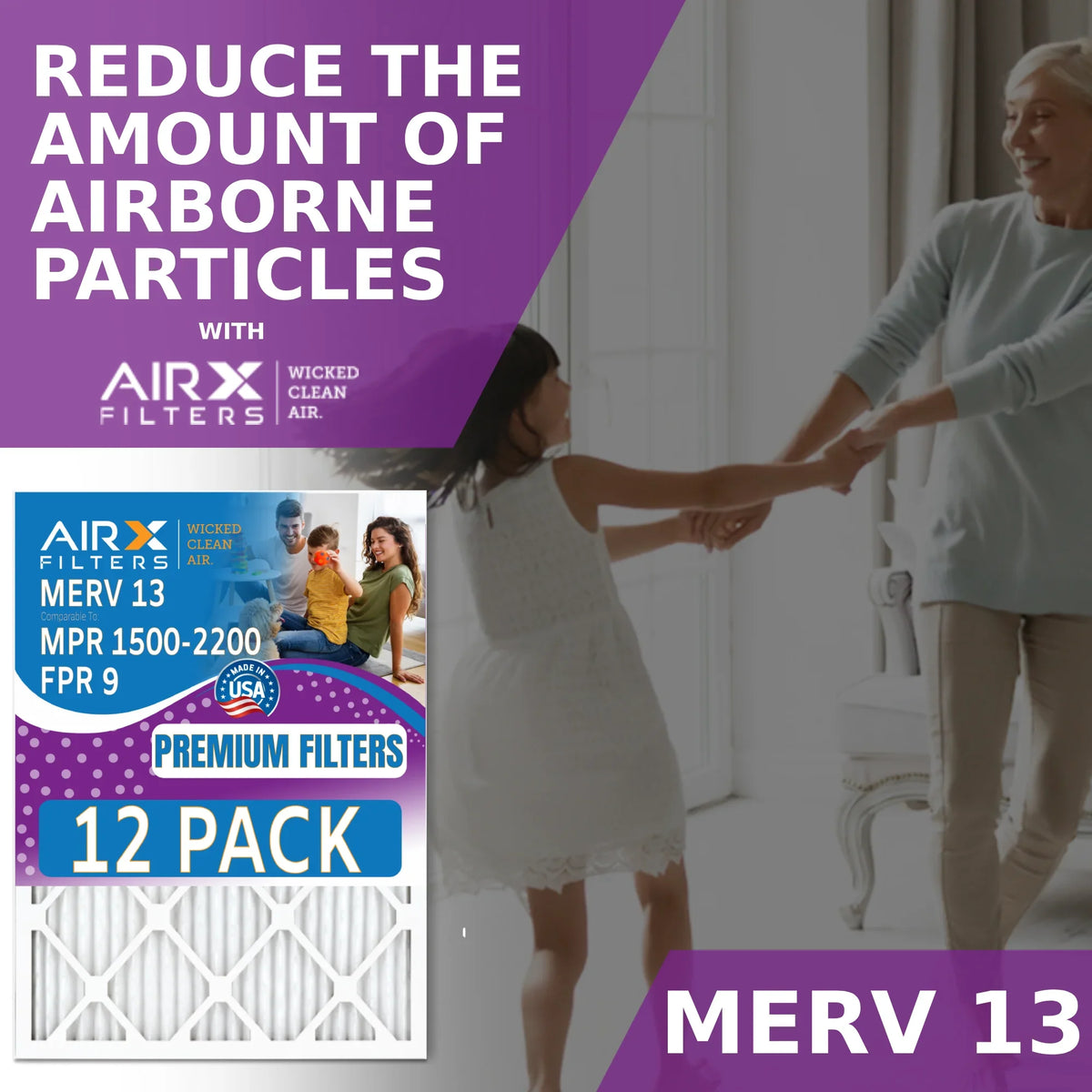 24x24x1 Air Filter MERV 13 Rating; 12 Pack of Furnace Filters Comparable to MPR 1500 - 2200 & FPR 9 - Made in USA by AIRX FILTERS WICKED CLEAN AIR.