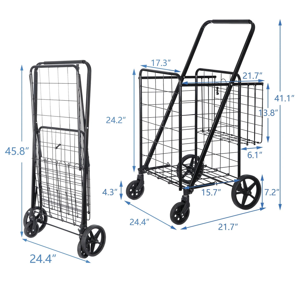 ZENY Folding Utility Shopping Cart with Double Basket and Wheels for Grocery Laundry Book Luggage Travel; Black