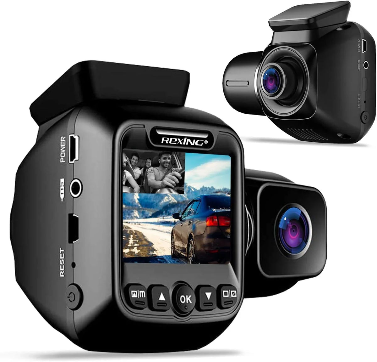 Open Box Rexing W202 Mini 2” LCD Dual Camera Front/Cabin 1080p Dash Cam 128GB Max - BLACK