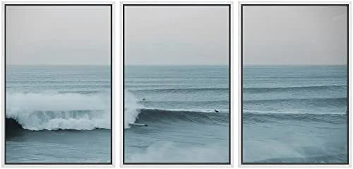PixonSign Framed Wall Art Set Wide Angle Rushing Ocean Waves and Surfers Nature Wilderness Photography Modern Chic Scenic Modern Art for Living Room; Bedroom; Office - 24"x36"x3 White