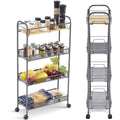 KK KINGRACK 4-Tier Rolling Cart; Mesh Storage Utility Carts with Wooden Tabletop for Kitchen Bathroom; Gray