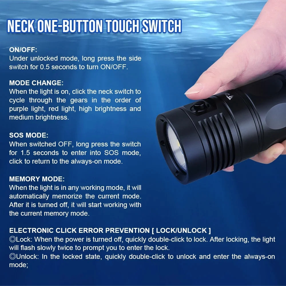 TrustFire DF90 Scuba Diving Light; 15000 Lumens Video Camera Photography Dive LED Flashlight; 70M Underwater Scuba Diving Flashlight; Super Bright; with Violet Red White Lights